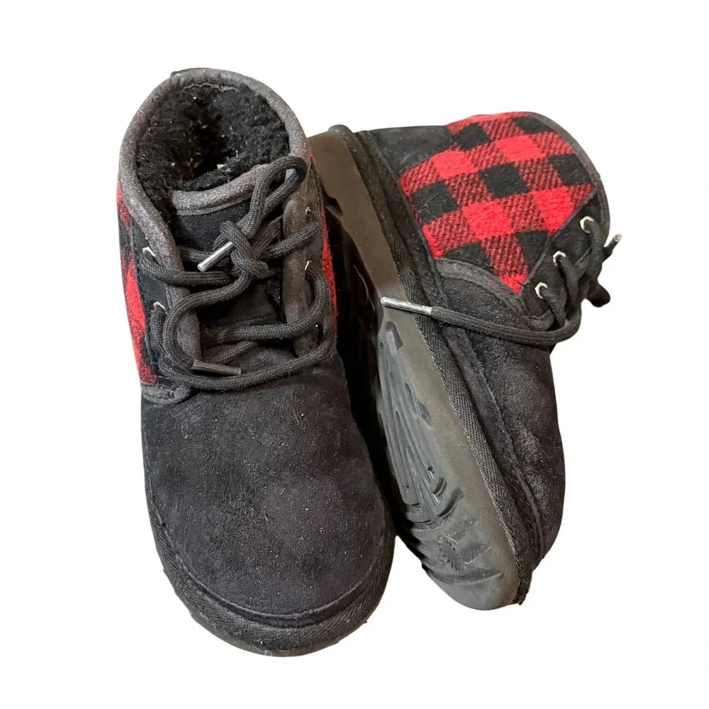 Ugg Size 1 Tie Redwood Neumel Red Plaid Suede Black‎ Winter Christmas Warm Cozy